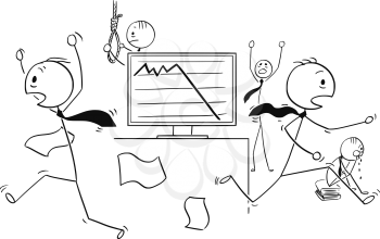 Cartoon stick man drawing conceptual illustration of scared businessmen running in panic, crying or committing suicide scared by low profit or price chart. Business concept of sensitive market and crisis.