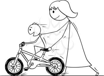 Cartoon stick man drawing conceptual illustration of mother teaching and son learning to ride a bicycle or bike.