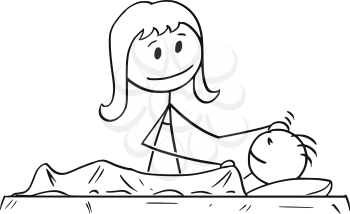 Cartoon stick man drawing conceptual illustration of mother or mom looking at sleeping son.