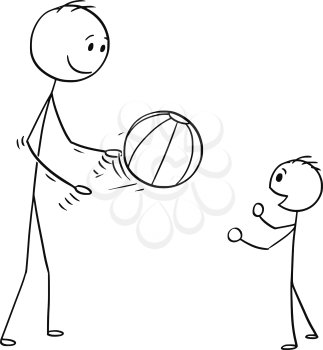 Cartoon stick man drawing conceptual illustration of father or dad playing with son with inflatable beach ball.
