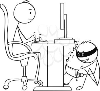 Cartoon stick man drawing conceptual illustration of businessman working on computer while hacker is stealing his data. Business concept of network and Internet security .