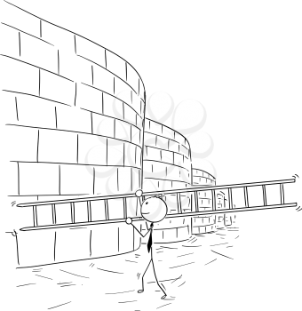 Cartoon stick man drawing conceptual illustration of business man carrying ladder to climb high wall.