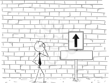 Cartoon stick man drawing conceptual illustration of business man looking at high wall standing as obstacle in his way to success. Empty sign with arrow is near.