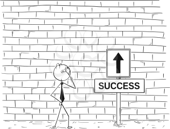 Cartoon stick man drawing conceptual illustration of business man looking at high wall standing as obstacle in his way to success. Success sign with arrow is near.