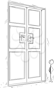 Cartoon stick man drawing conceptual illustration of business man standing in front of large closed door. Concept of searching of problem solution.