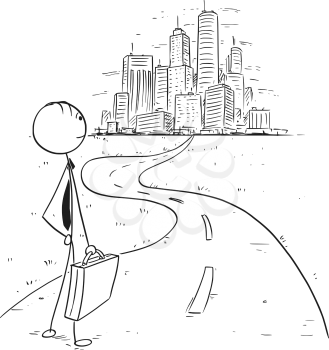 Cartoon stick man drawing conceptual illustration of businessman standing on the way leading in to big city or big world career. Concept of way to success.