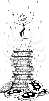 Cartoon stick man drawing conceptual illustration of businessman enjoying or celebrating on pile or stack of bitcoin coins. Concept of business success.