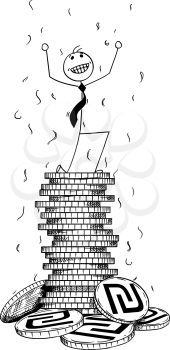 Cartoon stick man drawing conceptual illustration of businessman enjoying or celebrating on pile or stack of shekel coins. Concept of business success.