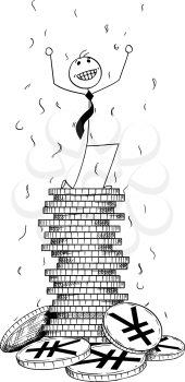 Cartoon stick man drawing conceptual illustration of businessman enjoying or celebrating on pile or stack of Japan Yen or China Yuan Renminbi coins. Concept of business success.
