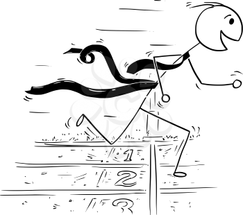 Cartoon stick man drawing conceptual illustration of businessman running at the finish line, winning the race. Concept of business success against competitors.