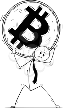 Cartoon stick man drawing conceptual illustration of businessman carry big bitcoin coin on his shoulders.