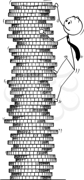 Cartoon stick man drawing conceptual illustration of businessman climbing golden coin pile. Concept of business effort and success.