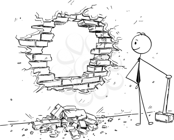 Cartoon stick man drawing conceptual illustration of businessman using hammer to break hole in the wall. Business concept of removing obstacles and looking for opportunities.