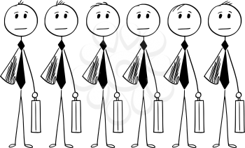 Cartoon stick man drawing conceptual illustration of crowd of identical businessman or clerk clones produced in mass without personality. Business concept of bureaucracy and mediocrity.