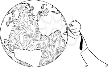 Cartoon stick man drawing conceptual illustration of businessman pushing or rolling world Earth globe. Business concept of international, global, worldwide business and responsibility.