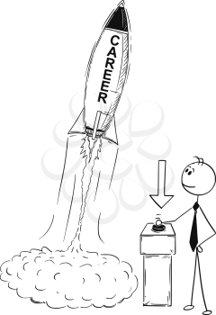 Cartoon stick man drawing conceptual illustration of businessman launching rocket. Business concept of success career start up.