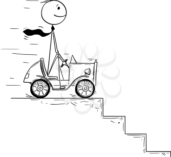 Cartoon stick man drawing conceptual illustration of businessman driving small car facing obstacle or problem in his way. Business concept of success, crisis and career difficulty.