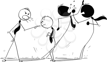 Cartoon stick man drawing conceptual illustration of manager or boss yelling at subordinate businessman, and fighting shadows showing real ambition of the employee.