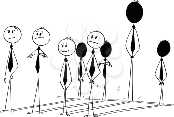 Cartoon stick man drawing conceptual illustration of four businessmen and their shadow on the wall. Concept of business individuality contribution.