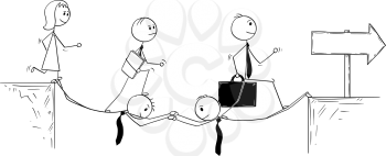 Cartoon stick man drawing conceptual illustration of two businessmen sacrifice to build bridge to allow team to succeed. Business concept of teamwork.