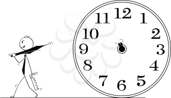 Cartoon stick man drawing conceptual illustration of businessman who removed clock hands to stop time. Business concept of deadline and stress.
