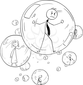 Cartoon stick man drawing conceptual illustration of businessman and businesswoman or people imprisoned inside glass bubbles. Business concept of human isolation and limitation.