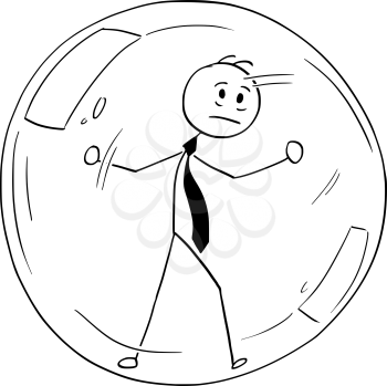Cartoon stick man drawing conceptual illustration of businessman imprisoned inside glass bubble. Business concept of human isolation and limitation.
