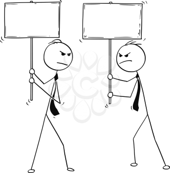 Cartoon stick man drawing conceptual illustration of two arguing angry businessmen with empty or blank signs.