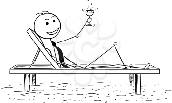 Cartoon stick man drawing conceptual illustration of successful businessman relaxing on the beach bed with glass of drink. Concept of business success.