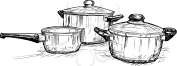 Vector artistic pen and ink hand drawing illustration of set of cooking pots.