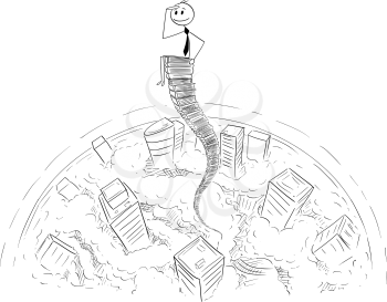 Cartoon stick man drawing conceptual illustration of businessman sitting above the cityscape on sky high stack of office folder files. Business concept of paperwork and bureaucracy.