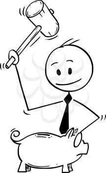 Cartoon stick man drawing conceptual illustration of businessman breaking piggy bank with hammer. Business concept of economy and savings.