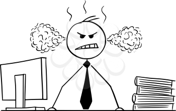 Cartoon stick man drawing conceptual illustration of businessman or manager standing angry behind his desk and steam or smoke coming from his head or ears.