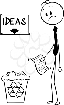 Cartoon stick man drawing conceptual illustration of businessman with paper document with great idea or invention looking confused on recycle trash bin with arrow and sign with ideas text. Business concept of motivation and creativity.