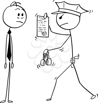 Cartoon stick man drawing conceptual illustration of businessman arrested by policeman. Business concept of crime and punishment.