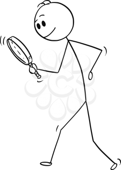Cartoon stick man drawing conceptual illustration of businessman searching for something with magnifying hand glass or magnifier. Business concept of looking for answer and solution.