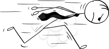 Cartoon stick man drawing conceptual illustration of headstrong businessman running against something head first. Business concept of confidence and motivation.