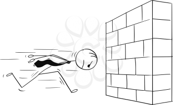 Cartoon stick man drawing conceptual illustration of headstrong businessman running against brick wall head first. Business concept of confidence and motivation.