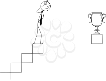 Cartoon stick man drawing conceptual illustration of frustrated businessman standing on top of stairs and watching the trophy cup unreachable far from him. Business concept of career, success and obstacle.