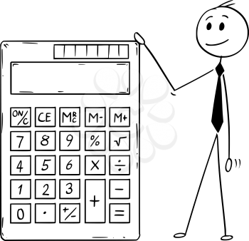 Cartoon stick man drawing conceptual illustration of businessman standing with big electronic calculator with empty or blank display.