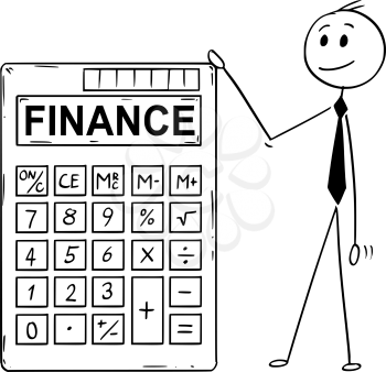 Cartoon stick man drawing conceptual illustration of businessman standing with big electronic calculator with finance text.