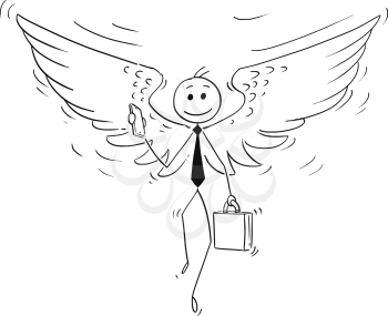 Cartoon stick man drawing conceptual illustration of businessman or investor with angel wings. Business concept of morality and ethics.