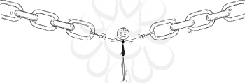 Cartoon stick man drawing conceptual illustration of businessman or user or employee as the weakest link or weak point of the chain. Business concept of network security or secret.