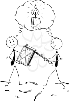 Cartoon stick man drawing conceptual illustration of two businessman striking a match. Business concept of idea, invention and problem solution.