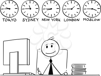 Cartoon stick man drawing conceptual illustration of businessman working in office with five wall clocks showing time on different city locations around the globe or world. Concept of global or worldwide business.