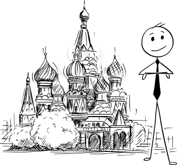 Cartoon stick man drawing conceptual illustration of businessman standing in front of Saint Basil's Cathedral in Moscow. Concept of doing business in Russia.