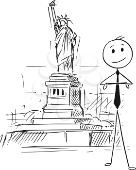 Cartoon stick man drawing conceptual illustration of businessman standing in front of Statue of Liberty, New York. Concept of doing business in USA or United States.
