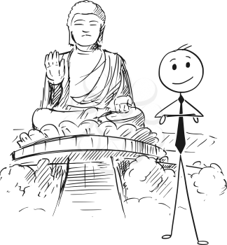 Cartoon stick man drawing conceptual illustration of businessman standing in front of Tian Tan or Big Buddha statue, Ngong Ping, Lantau Island. Concept of doing business in Hong Kong.