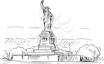 Cartoon sketch drawing illustration of Statue of Liberty in New York, United States.