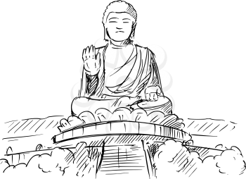 Cartoon sketch drawing illustration of Tian Tan or Big Buddha statue, Ngong Ping, Lantau Island, Hong Kong.